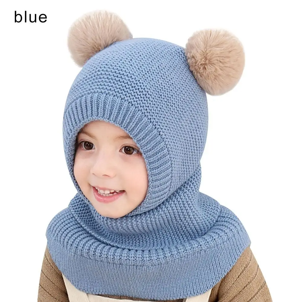 

Fashion One-piece Shawl Breathable Two Ball Ear Protection Caps Velvet Lining Caps Knitted Hat Warm Hats