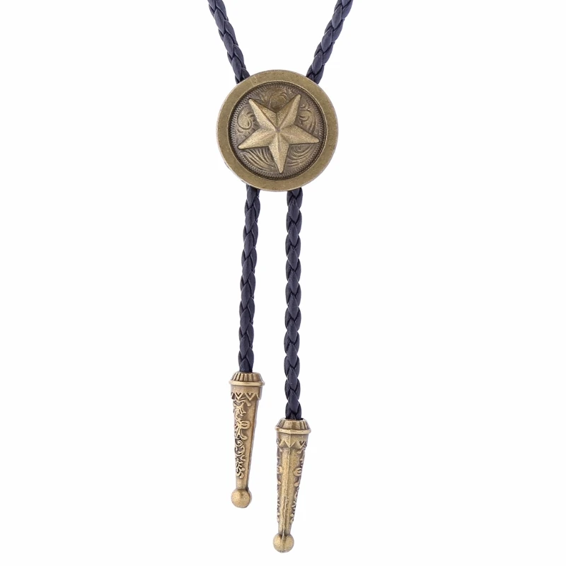 Bolo Tie, Handmade Pentagrams Shape Western Cowboy Bola Tie Necktie Leathers Necklace Long Tie Pendant