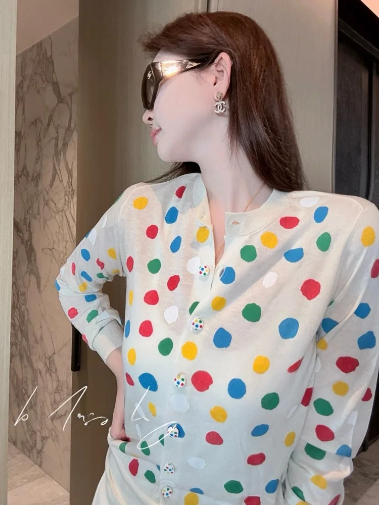 

Unique Beautiful Women's Knitted Long Sleeve Polka Dot Dopaamine Style Cardigan Coat Korean Version Commute Style