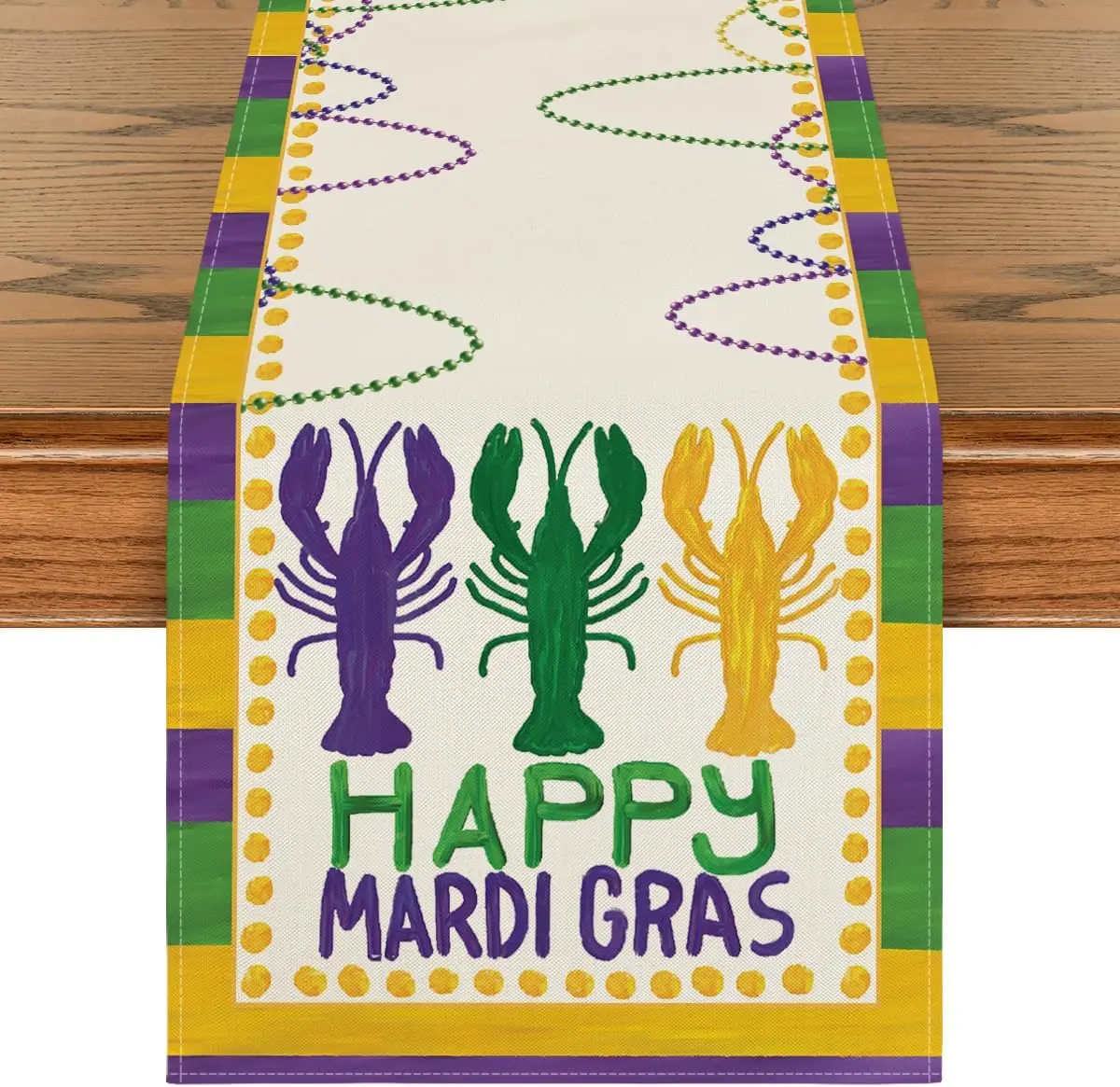 

Prawns Stripes Happy Mardi Gras Linen Table Runner Carnival Holiday Kitchen Dining Table Decor Indoor Outdoor Home Party Decor