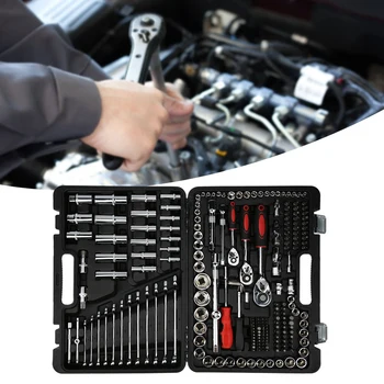 Ratchet Wrench Set Socket Set Ratchet Wrench Set 1/4in 3/8in 1/2in Socket Set Tool Case Hand Tool Kits + Box LPD0005‑7