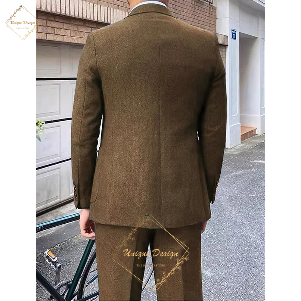 Premium Men's Suits 3 Piece Jacket Vest Pants Brown Wedding Tweed Herringbone Retro Vintage Tailored Fit Single Breasted Tuxedo