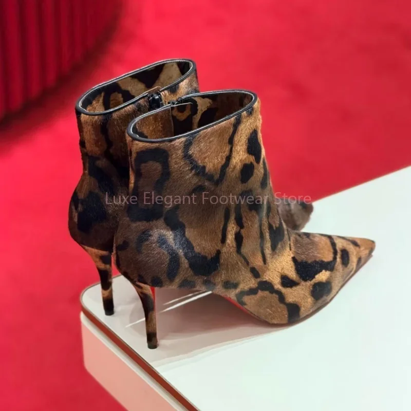 

Patchwork Leopord Pointed Toe Stiletto Short Boots Women Black Leather Side Zipper Ankle Boots Sexy Fashion Party Catwalk Shoes