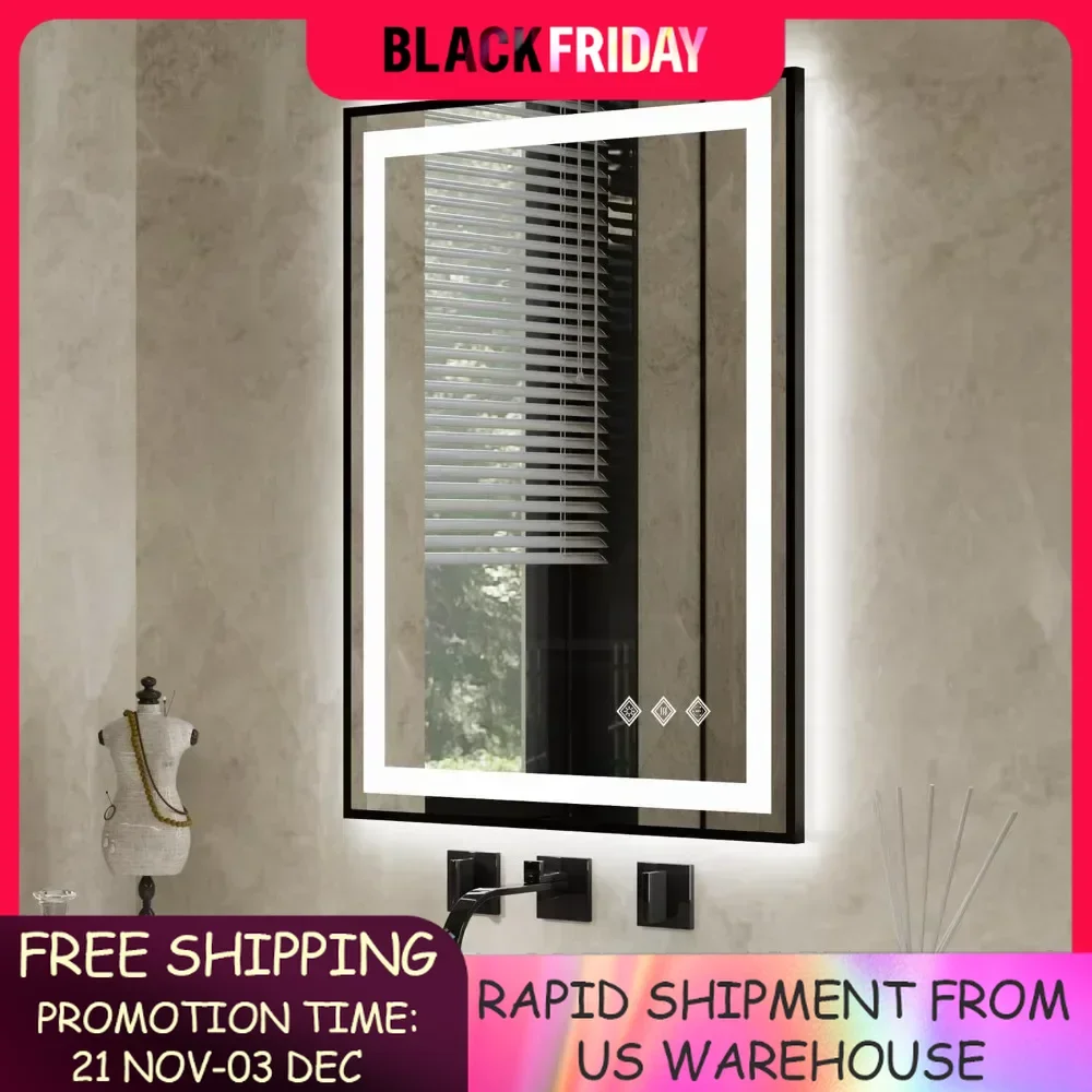 LED Bathroom Mirror,24x32 Inch Black Framed Gradient Front and LED Mirror for Anti-Fog Wall Mounted Lighted Vanity Mirror