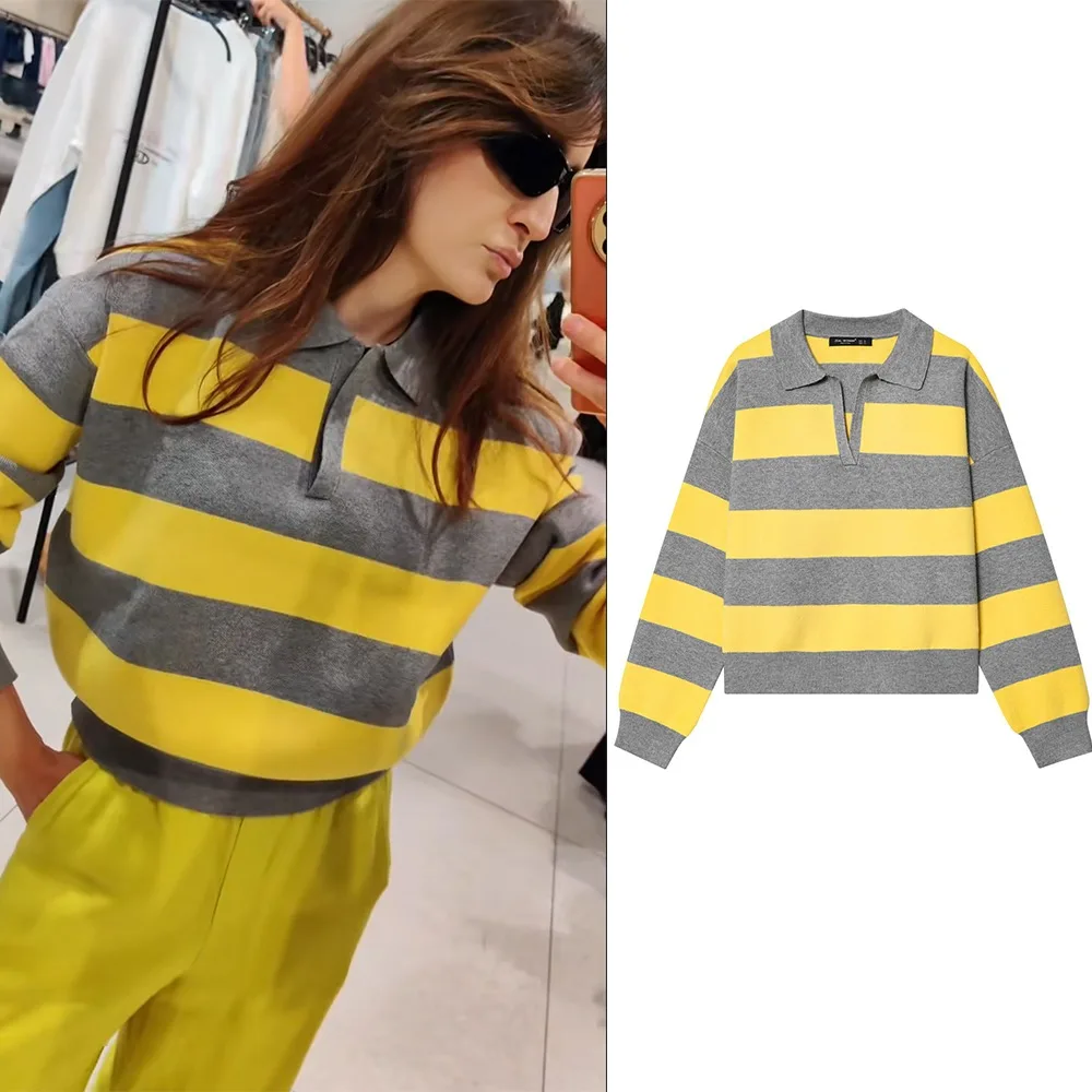 

Polo Pullovers Woman Striped Long Sleeve Knitwear Tops Sweatshirts Women's Sweater Winter 2025 Knitted Sweaters for Women