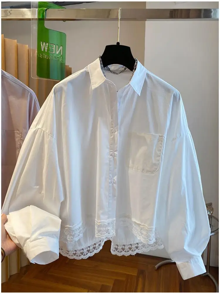 

Винтажная женская белая, розовая лоскутная кружевная рубашка с длинным рукавом, весенне-осенние топы для отпуска, модная свободная однобортная блузка 2025 г.