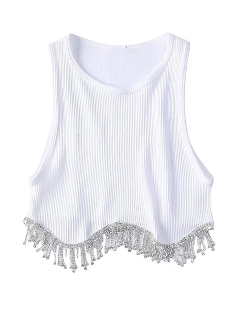High Street Sexy Hem Tassel Diamond Beading Knitting T Shirt Chic Short Camis Tank Lady Slim Crop Vest Tops