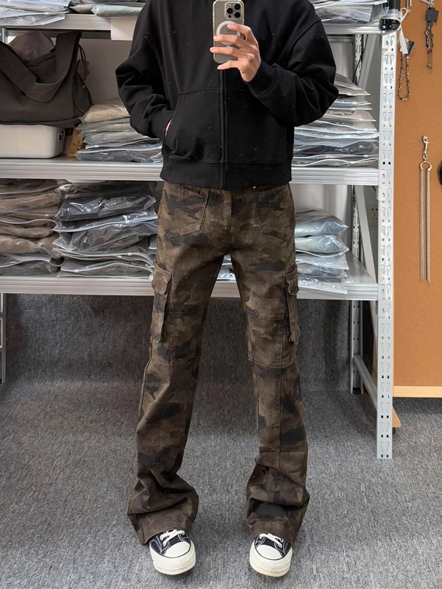 

Retro American Camouflage Flared Jeans Men's Autumn Winter Fce High Street Straight Leg Axe Logging Workwear Pants