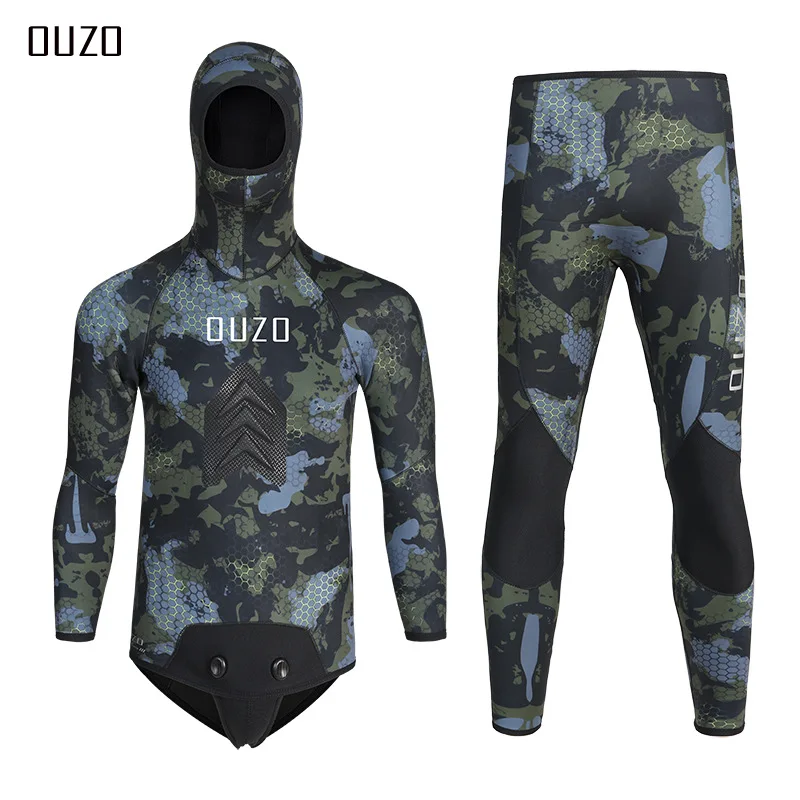 3.5MM Neoprene Spearfishing Wetsuit with Hooded, 2 Pieces Long Sleeve Camouflage Hunting Diving Suit with Loading Chest Pad