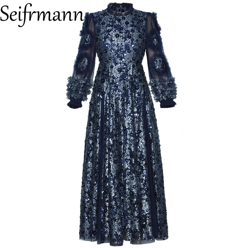 Seifrmann 2026 Spring Women's New Fashionable Round Collar Lantern Long Sleeve Glitter Waist Cinching  Dress