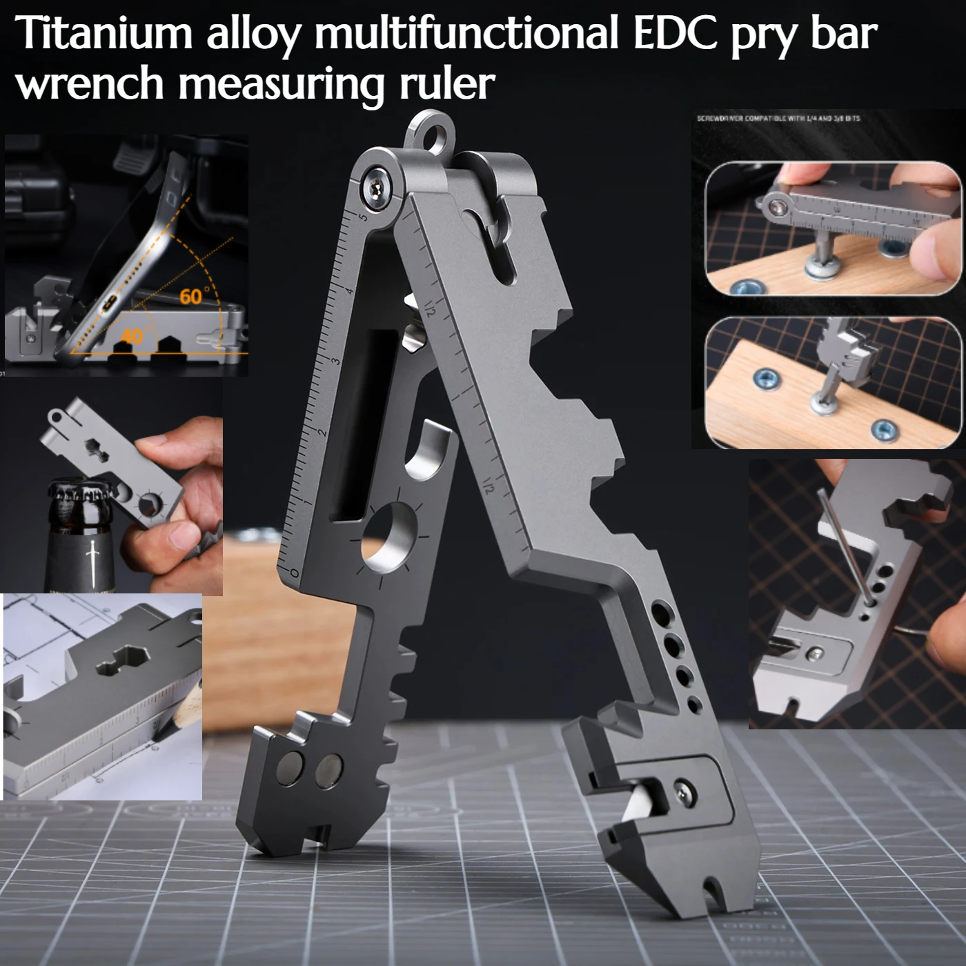 Titanium Alloy Multi Gold Function EDC Manual Combination Tool CNC Pry Bar Bottle Opener Protractor Outdoor Portable Tool