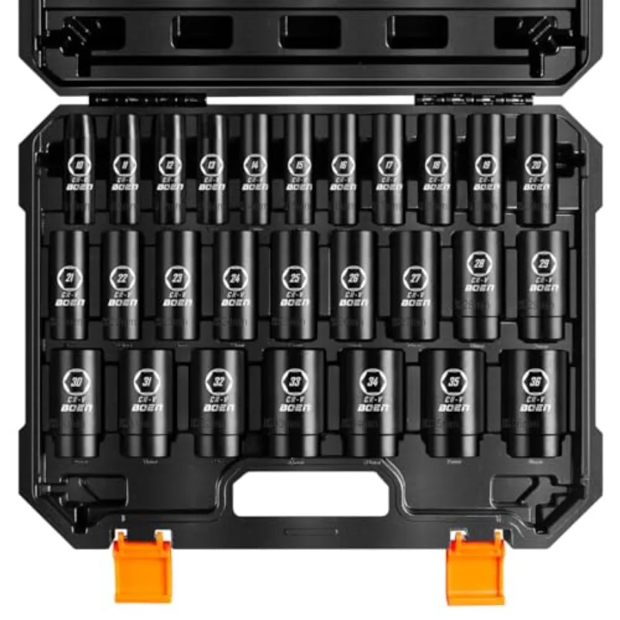 

10mm-36mm 1/2" Drive Metric Socket Set Impact Deep Socket 6-Point Axle Nut Socket with Portable Case Rugged Construction CR-V S