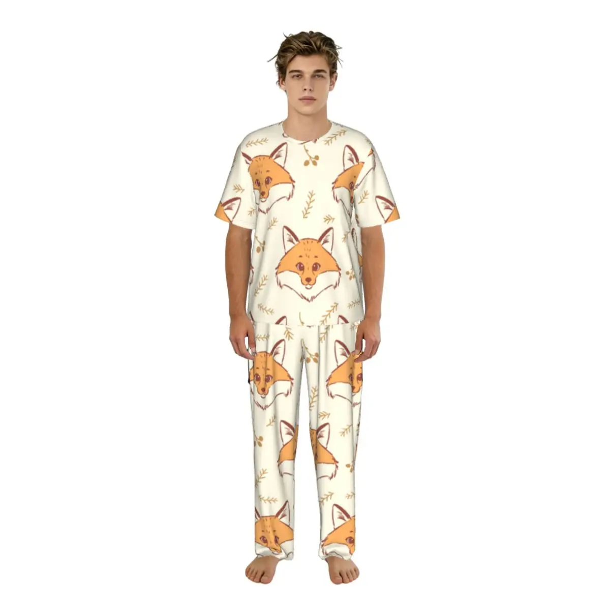 

Men Pajamas Suit Short Sleeved Long Pants Cute Fox Cool Stylish Sleepwear Summer Home Clothing Set