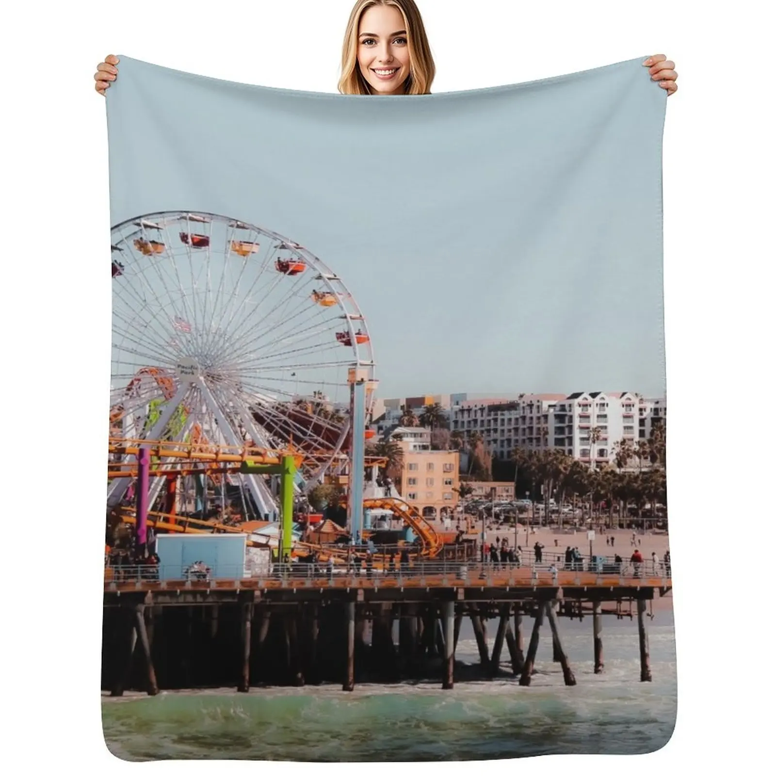 colorful ferris wheel at Santa Monica pier California USA Throw Blanket Spring Fall Cozy Throw Blanket for Couch