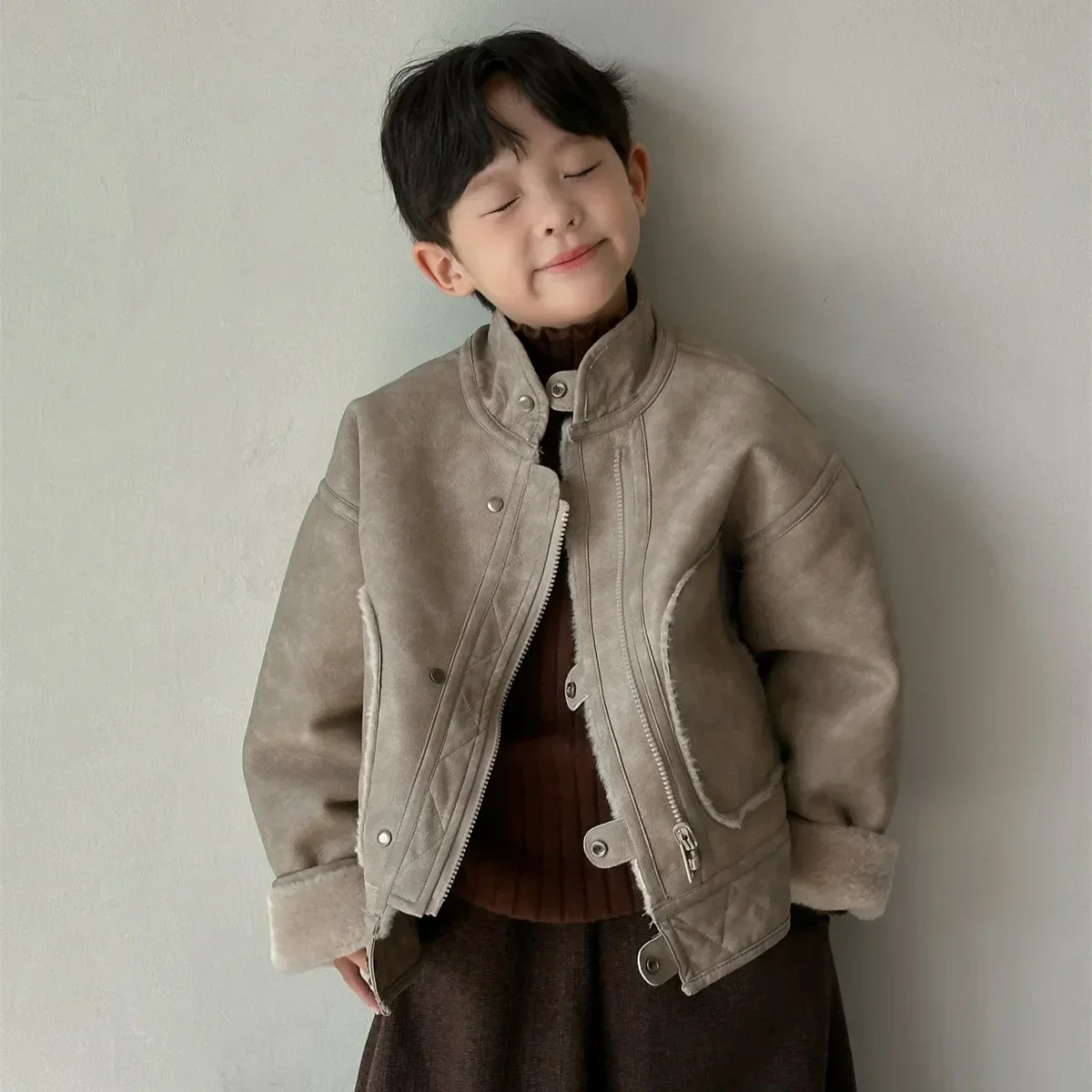 

Children Clothes Boy Fur One Coat 2024 Winter New Fashionable Korean Style Warm Solid Color Casual Simple Kids Jacket Leather