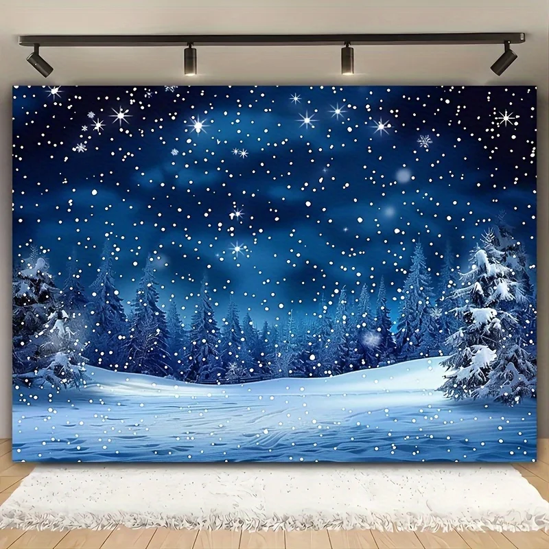 Weihnachts-Nachthimmel-Hintergrundstoff – Kiefern, blaue und weiße Schneeflocken, Polyester – Wohnzimmer- und Außendekoration