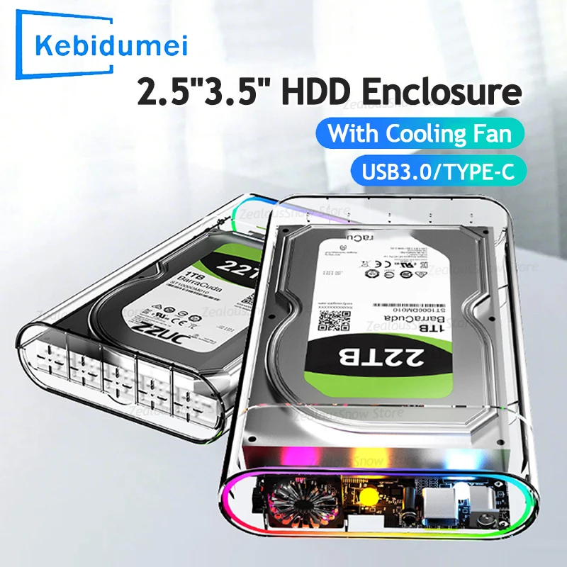 

2.5"3.5" SATA HDD Enclosure USB 3.0 to SATA Transparent External Hard Drive SSD Case Support 28TB Max Adapter With Fan Cooler