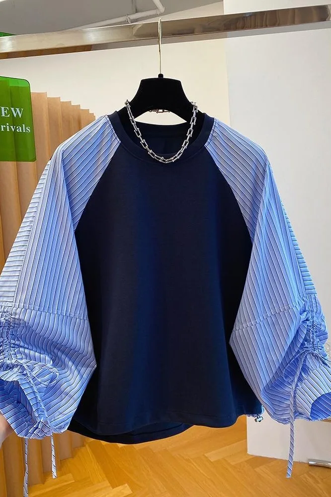 SuperAen Korean Style Striped Patchwork Long-sleeved T-shirts Women's 2025 Autumn New Loose Casual O-neck Pullover Tshirt view 6