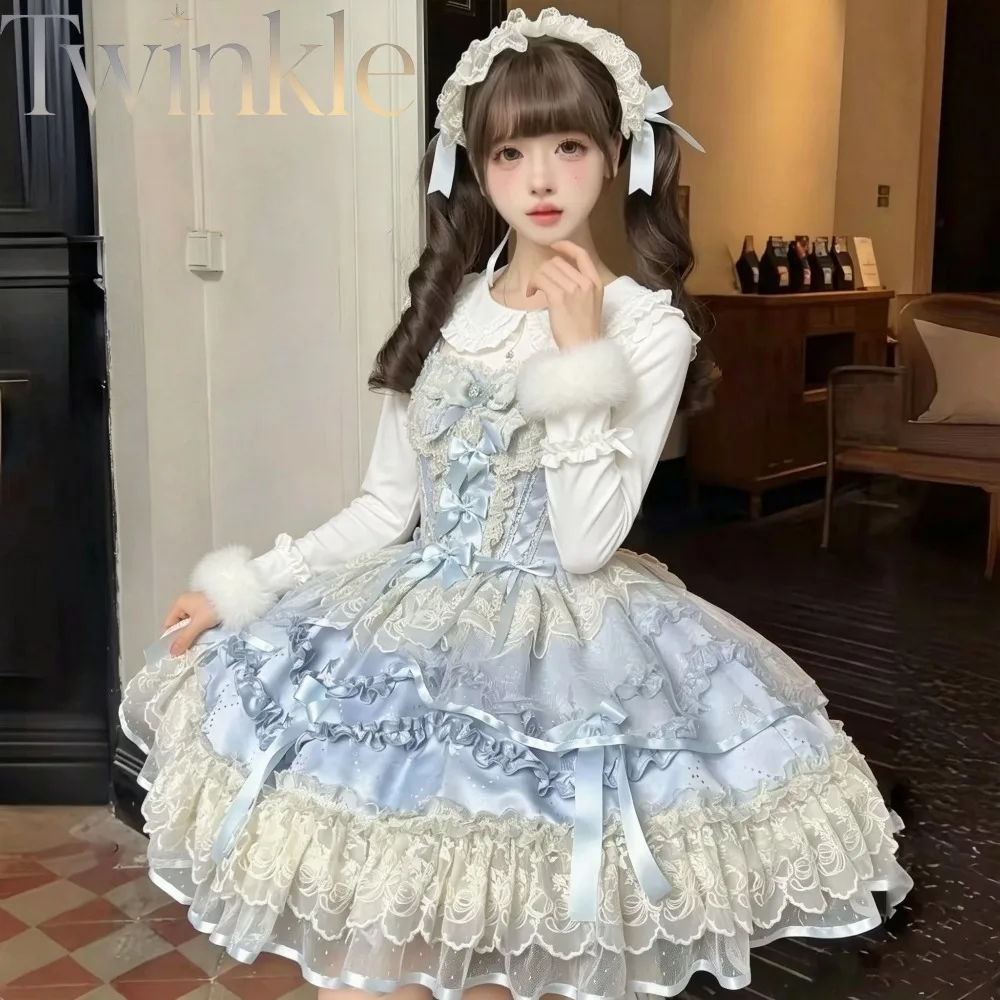 Doll Style Ballet JSK Dress Pink Blue Two Colors Multi Layer Lace Cake Dress Girls Princess Dress Kids Party Gown Autumn