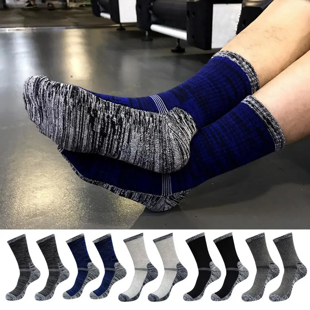 1 Pair Men Winter Sports Socks Mid-tube Thickened Elastic Patchwork Color Matching Basketball Football Jogging Socks