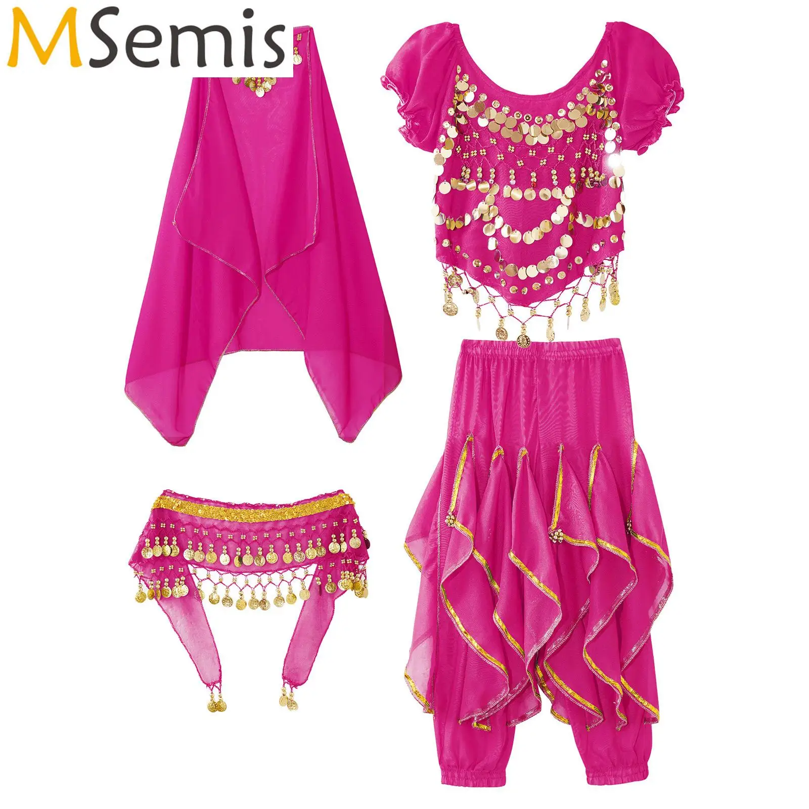 

Kids Belly Dance Performance Costume Outfit Girls Egyptian Bollywood Indian Dancewear Crop Top Ruffled Pants Hip Scarf Headscarf