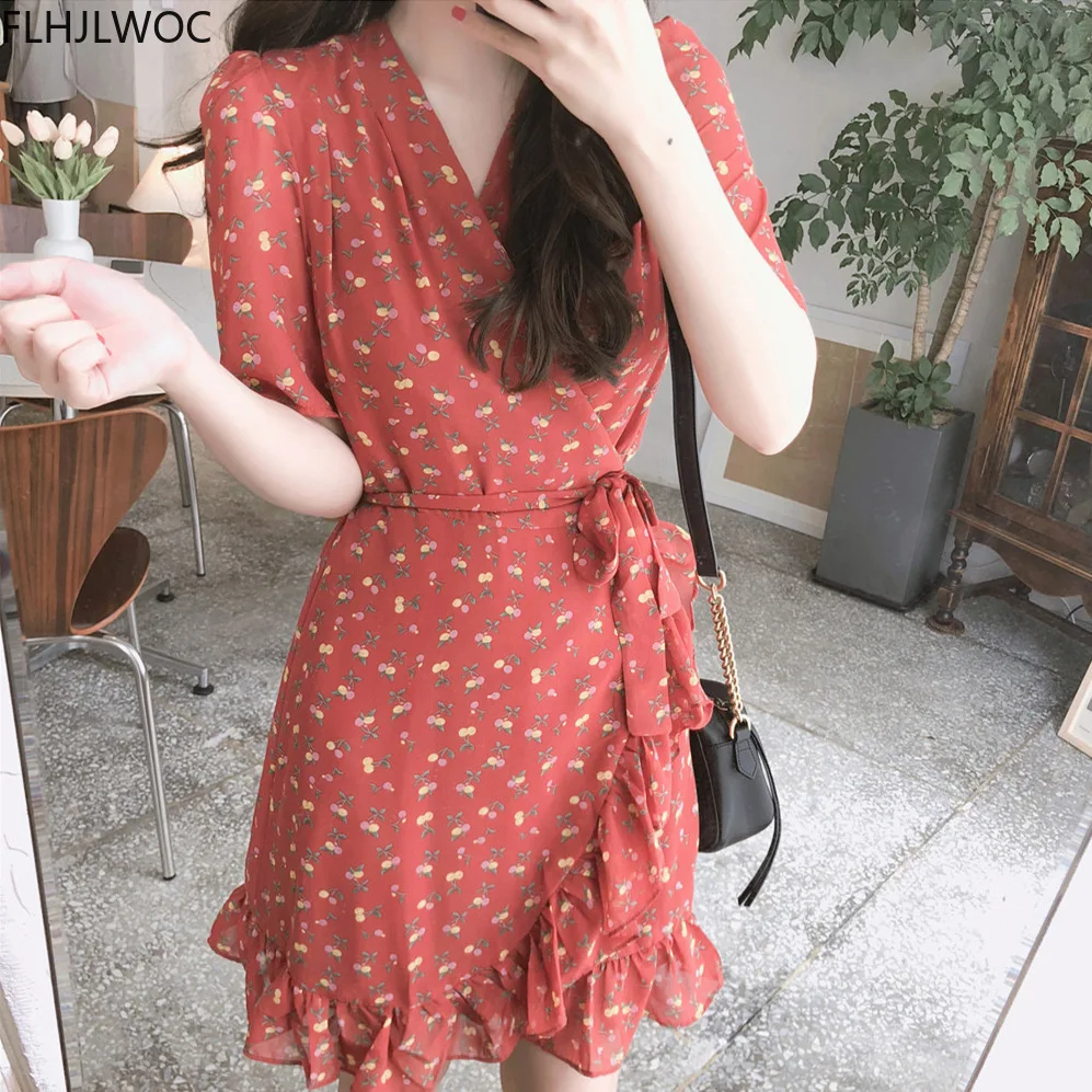 V Neck Dresses Women Japan Korean Design Short Sleeve Cute Sweet Girls Slim Waist Belt Bow Tie Floral Printed Chiffon Dress