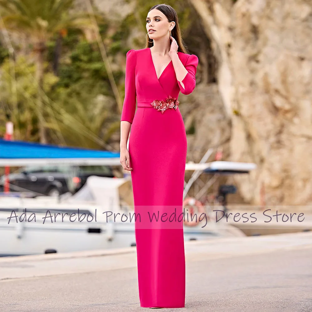 Hot Pink Mother of the Bride Dress for Weddings V Neck Column Wedding Guest Gown for Women 3/4 Sleeves Sheath Evening Dress Long