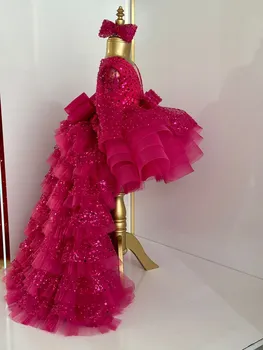 Abiti da ragazza di fiore principessa rosa caldo con glitter gonfi personalizzati per matrimoni, feste di compleanno, spettacoli, abiti da ballo in tulle con strascico