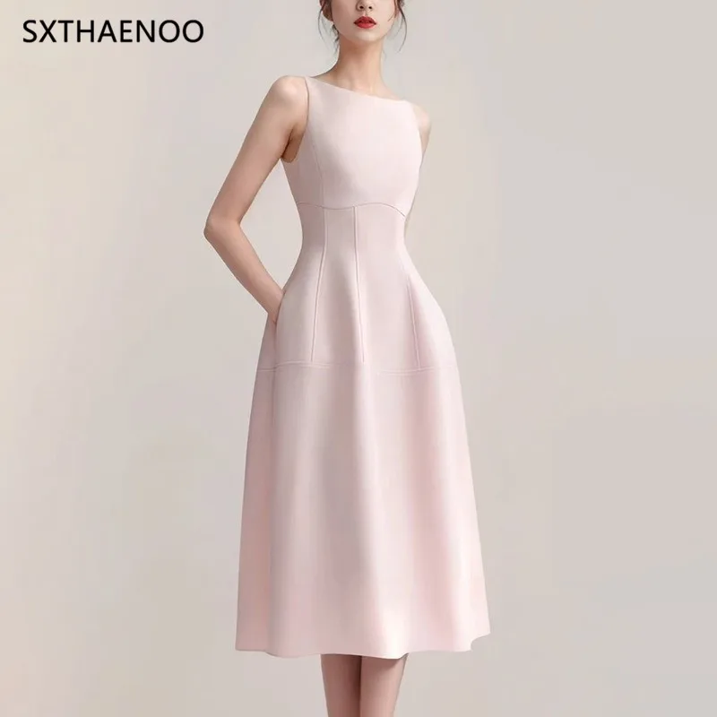 

SXTHAENOO Solid Slimming Spliced Pockets Minimalist Dresses Women Round Neck Sleeveless High Waist Elegant Dress Female 2025