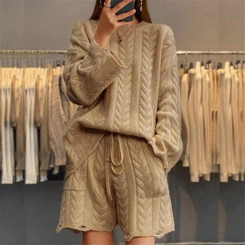 Fall Winter Solid Color Knitted Set Women Casual Round Neck Sweater Pullover & Tie-up Shorts Outfit Retro Long Sleeve Twist Suit