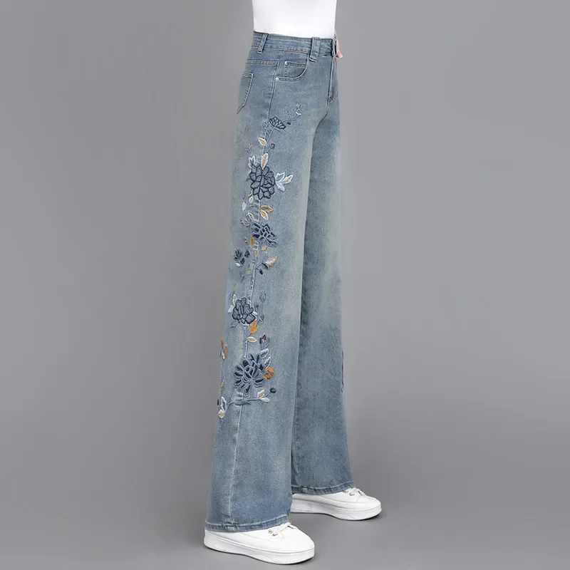 

Spring Summer New Side Flower-Shaped Heavy Embroidered Jeans Women's High Waist Wide Leg Pants Loose Denim Straight Leg Pants