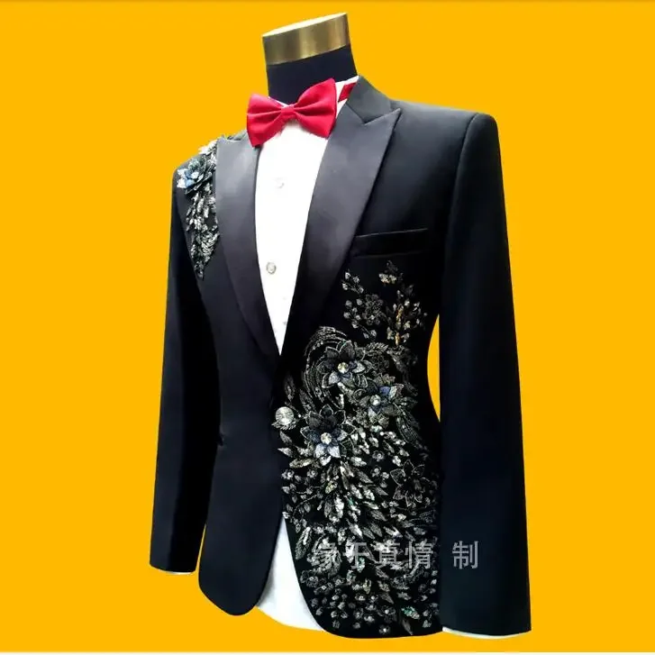 Men Suits Embroidered Black Master of ceremonies Wedding Host Rhinestone Stage Shinny Sequins Black