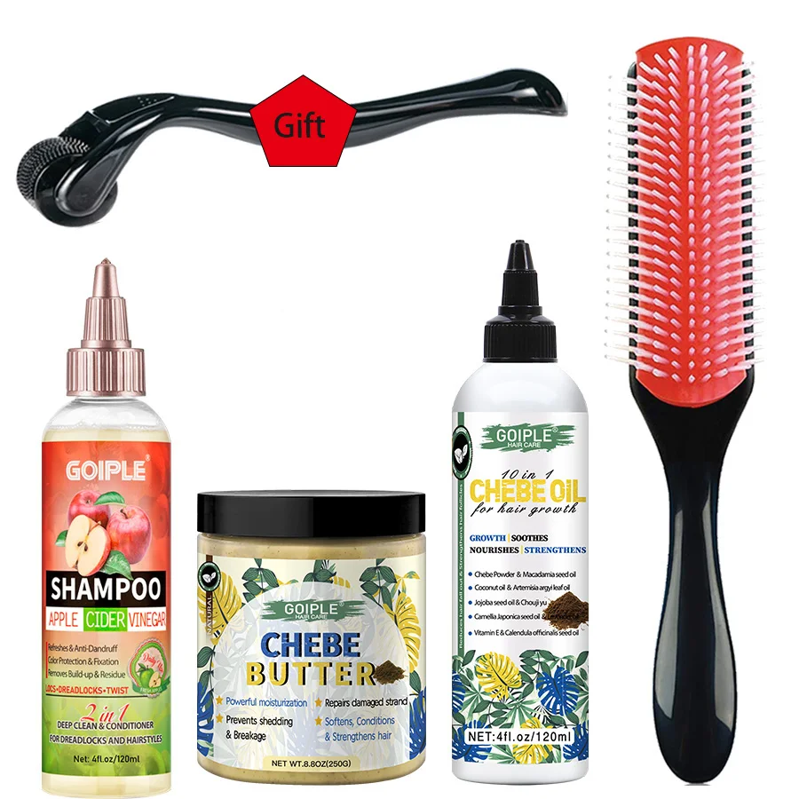 

Shampoo Hair Essence Set Apple Cider Vinegar Shampoo and Chebe Moisturizing Nourishing Butter Smooth Care Oil Nylon 9 Row Brush