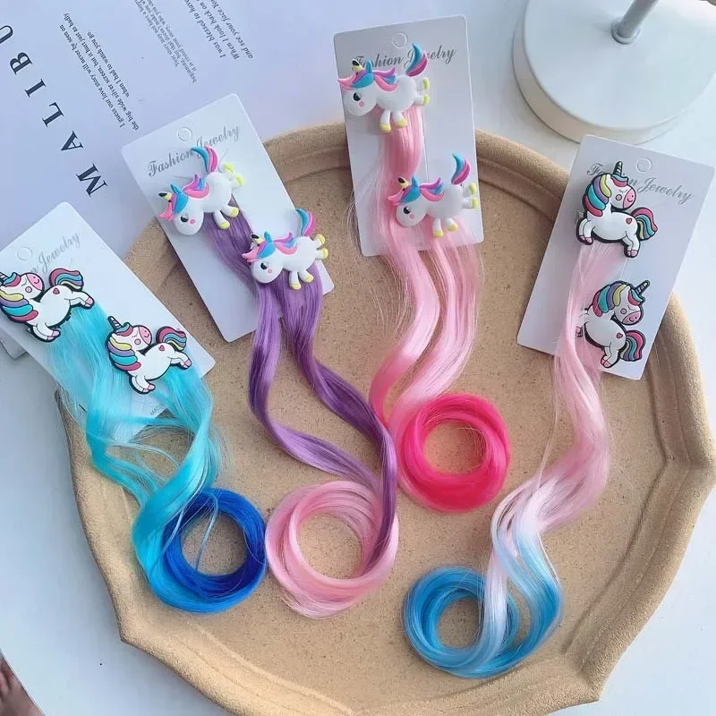 Hot Bows Princess Hair Clips Ties Girls Colorful Wigs Unicorn Ponytail Hair Clips Headwear Braid Kids Gift Accessories