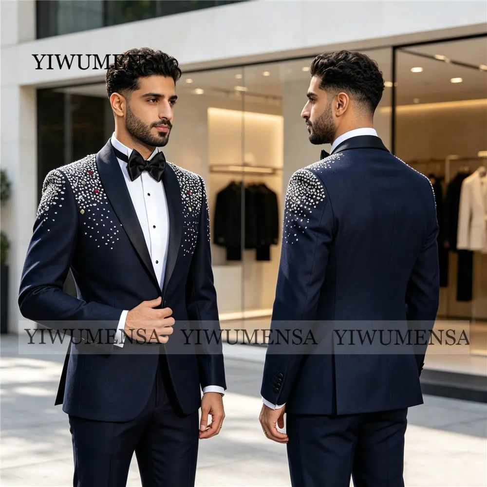 

Colorful Jewelry Stones Suits Men For Wedding Shawl Label Prom Blazer Custom Made 2 Pieces Sets Costumes Hommes Groom Tuxedos