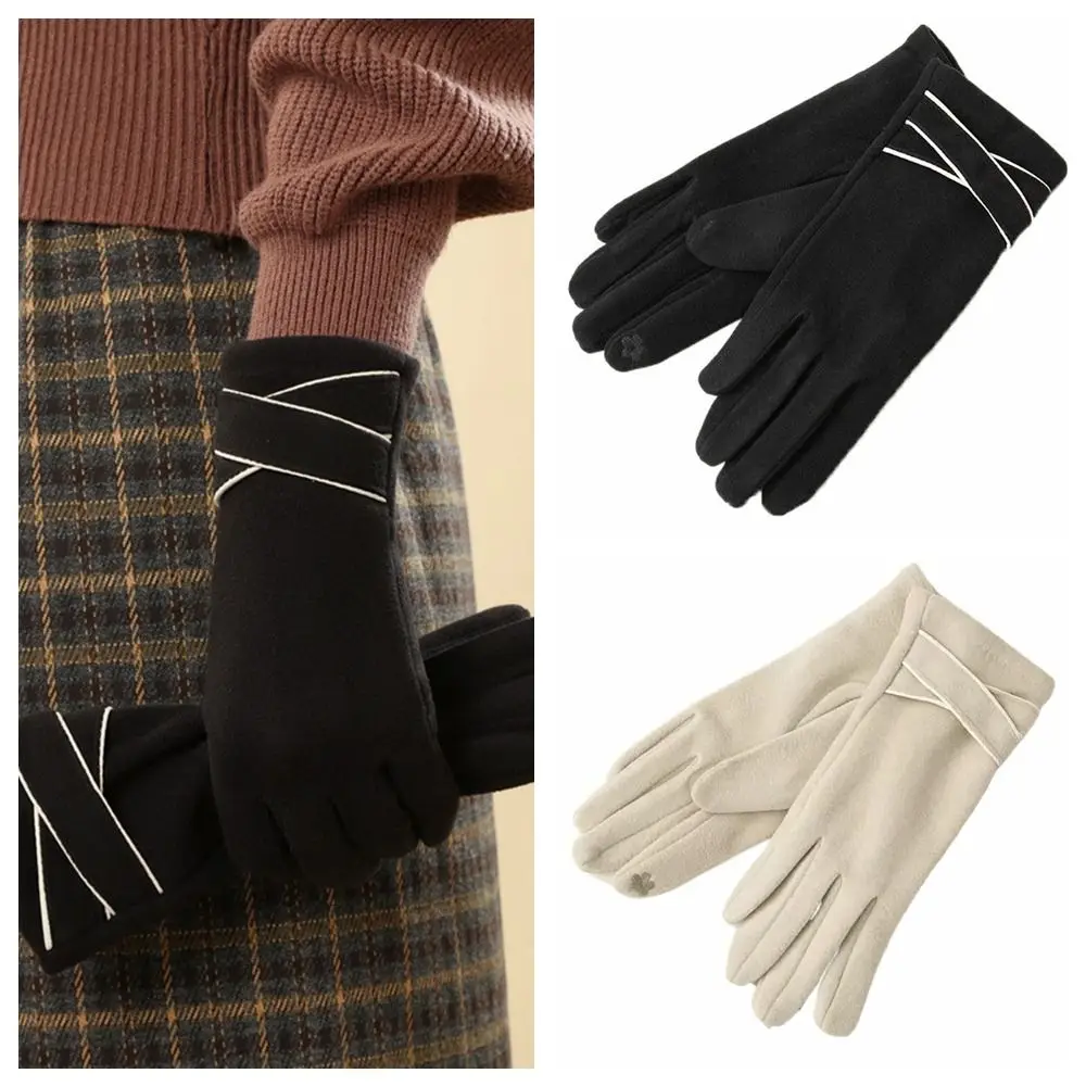 Vintage Thickened Women Suede Gloves Plush Windproof Touch Screen Gloves Full Finger Keep Warm Winter Mittens Driving