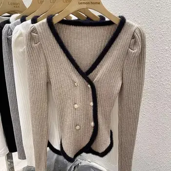 Cardigan lavorato a maglia con scollo a V francese, a blocchi di colore, vestibilità aderente, alla moda, stile autunnale, piccolo, stile cappotto 6 best sales Crema superiore - №2