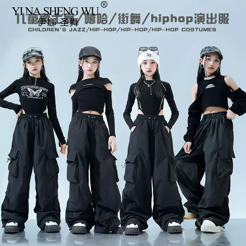 

Костюмы для танцев в стиле хип-хоп для девочек, одежда для уличных танцев, детские модные топы, брюки-тафла, наряд для джазовой сцены, черная одежда