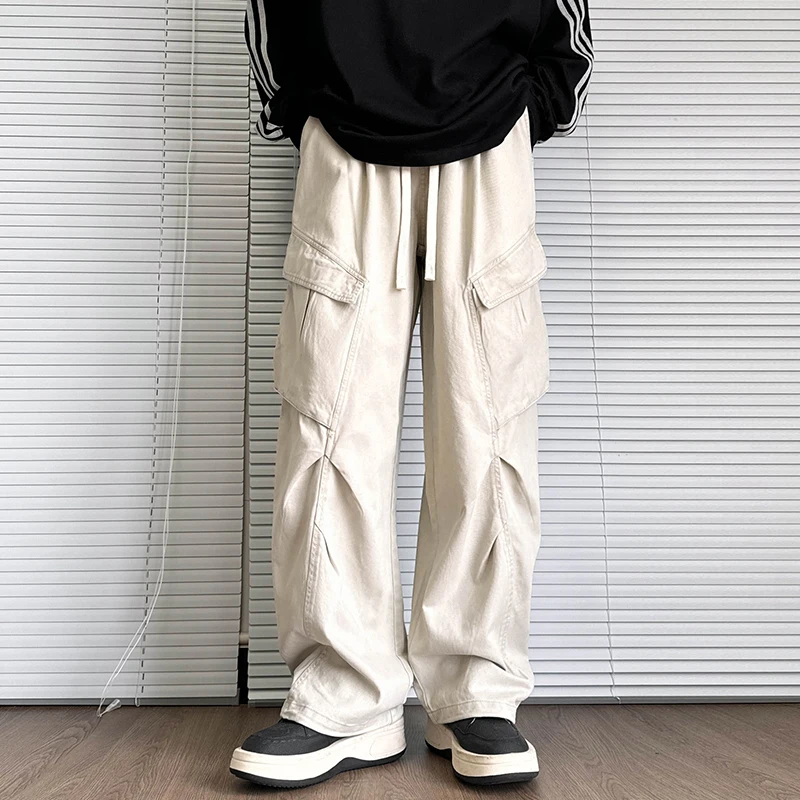 Autumn Winter Men Cargo Pants Cotton Straight Pleated Black Beige Long Trousers Oversized  Wide Leg Hip-hop Casual Pants