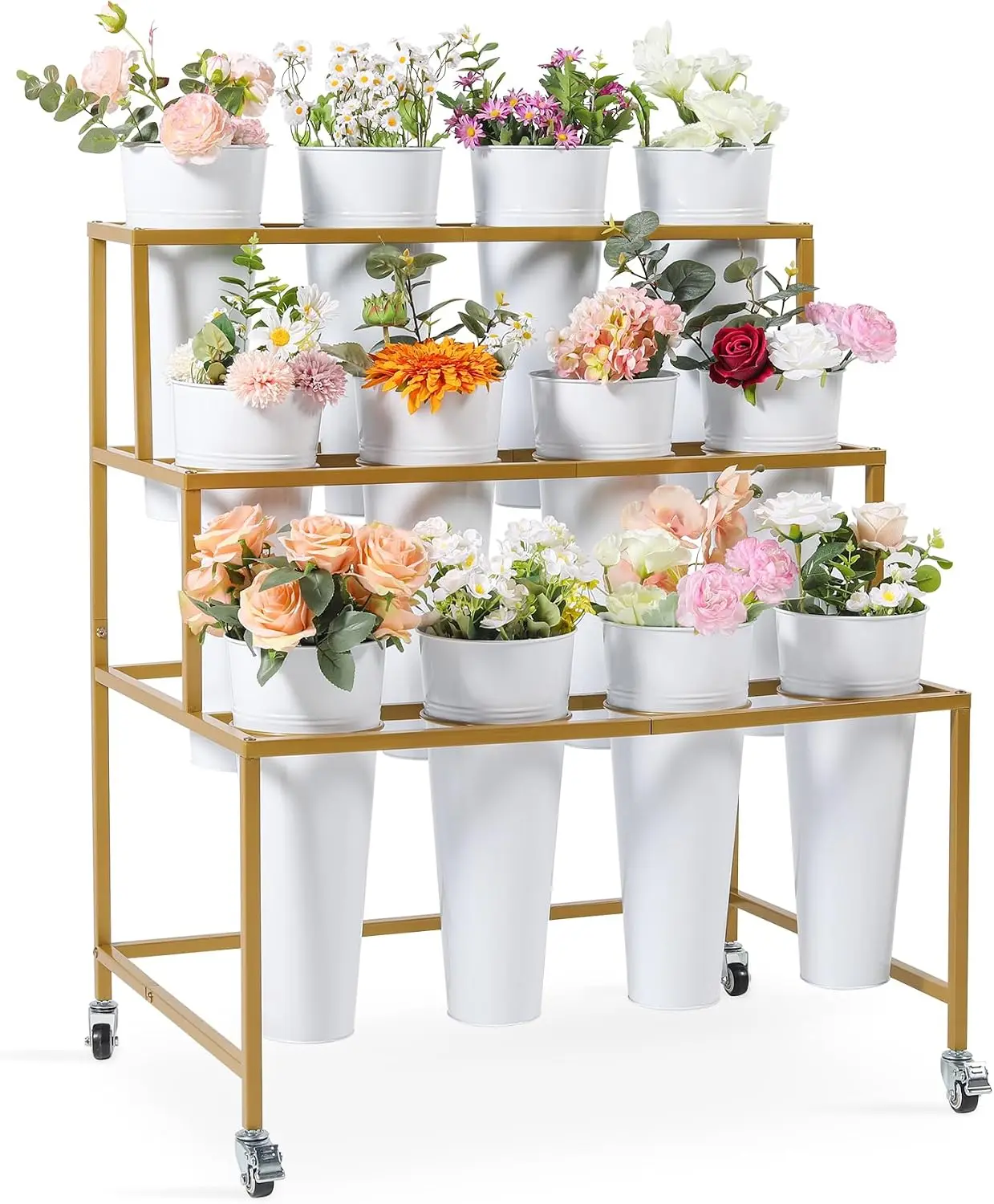 Flower Bar Stand, 3 Layers Metal Flower Cart, Golden Flower Display Stand