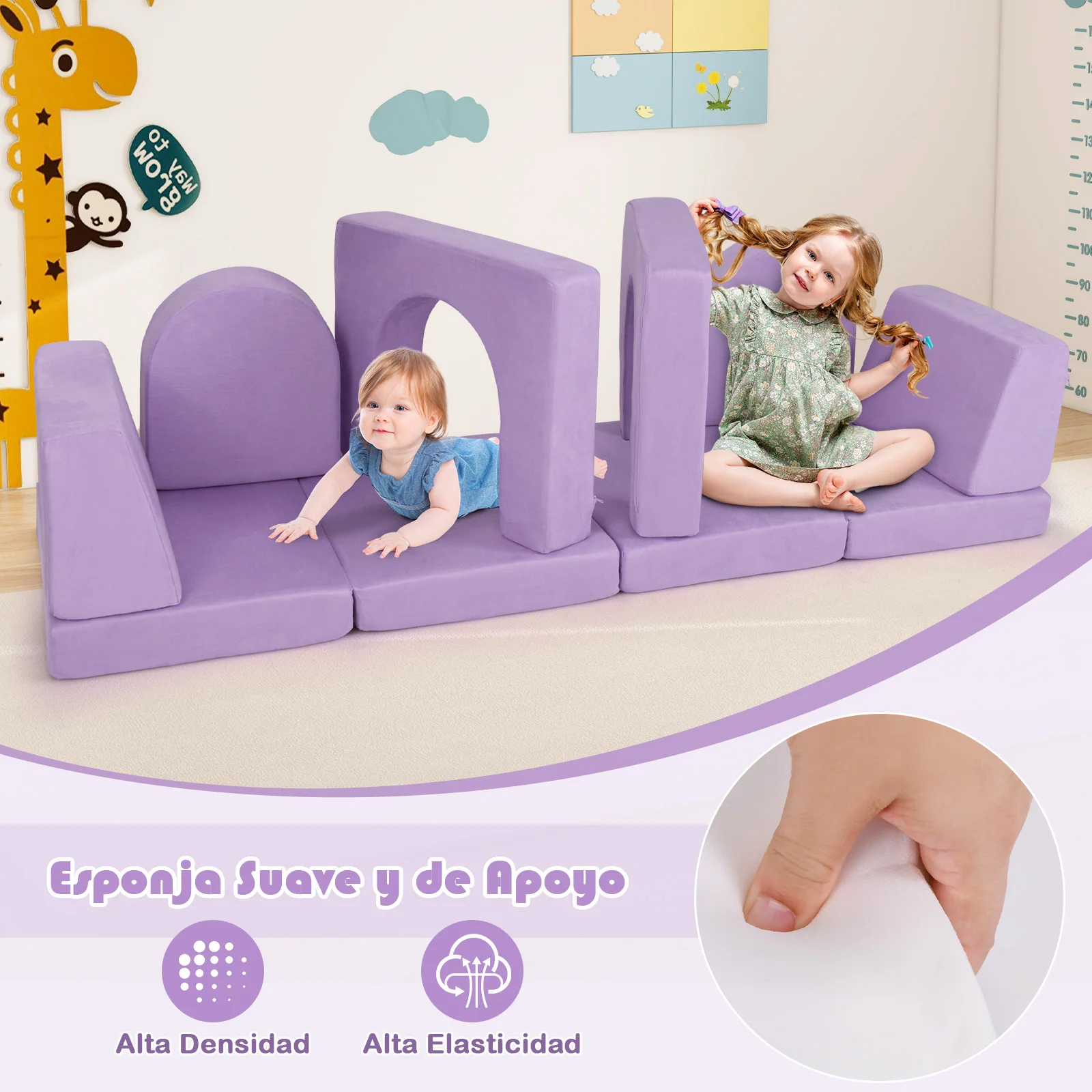 Sillón Infantil Convertible, Sofá Modular para Niños de 8 Piezas, Sofá Infantil con Tejido Suede Cómodo, Fundas Antienvejecimiento y Lavables a Máquina, Tumbona Plegable para Niños, Violeta