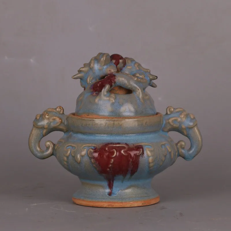 Vintage Style Chinese Jun Ware Splashed Glaze Carved Dragon Incense Burner Tripod Handmade Ceramic Home Decor