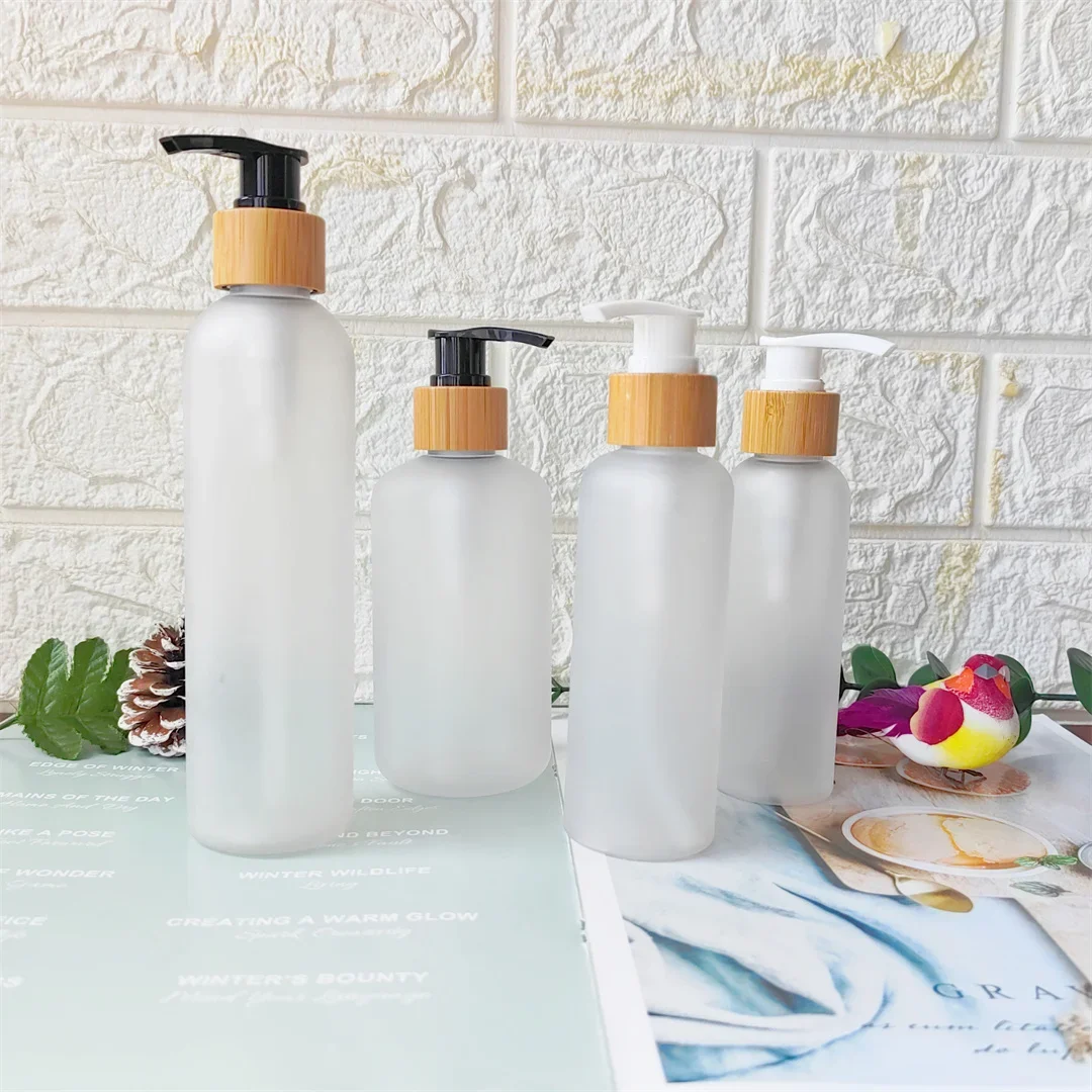 Botellas de plástico redondas vacías para mascotas, repuesto de desinfectante de manos, dispensador de bomba de bambú, emulsión, cuidado de la piel, champú de viaje, contenedores de líquidos