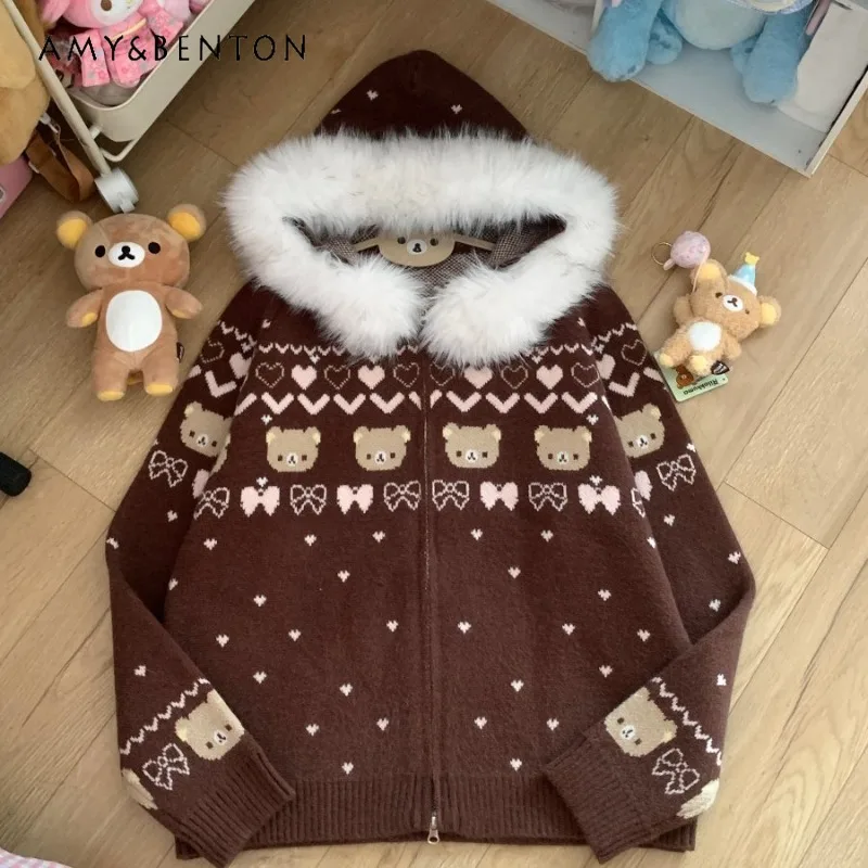 

Original Cute Girl Cartoon Printed Plush Hood Knitted Cardigan Sweater Women Autumn Winter Thickened Zipper Oversized Cardigan
