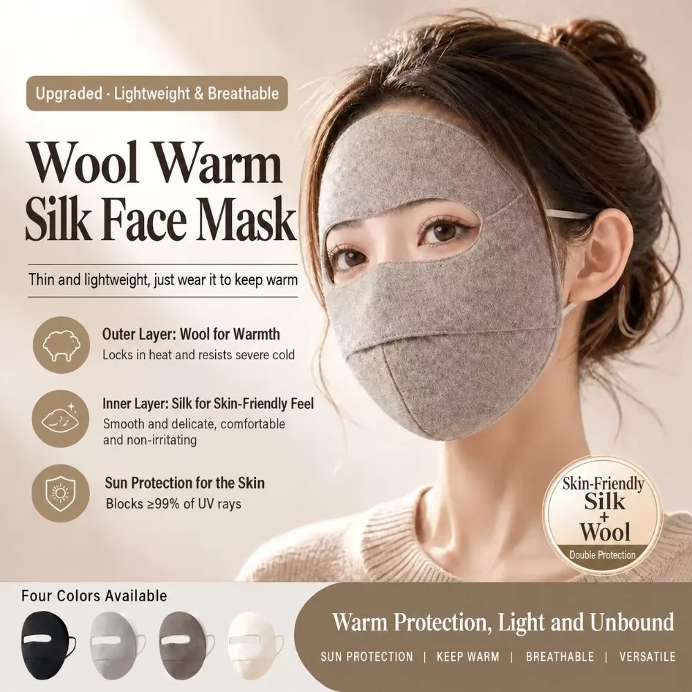 Windproof Woolen Face Mask Inner Layer Silk Anti Cold Warm Face Shield Thicken Warmth Full Face Covering Outdoor Face Mask