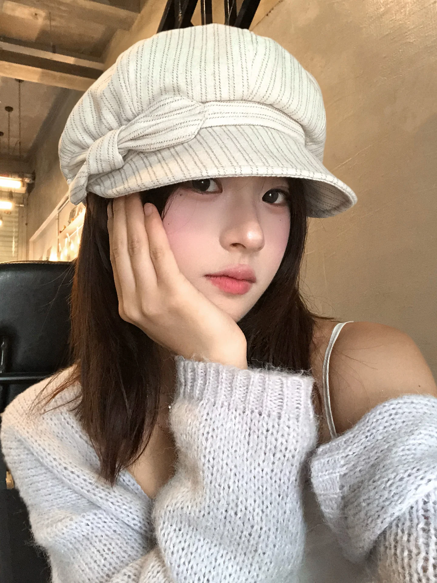 Women's Summer Large Head Size Plaid  Knot Cloud Beret Hat Face Slimming Newsboy Cap Vintage Style Short Brim Casual
