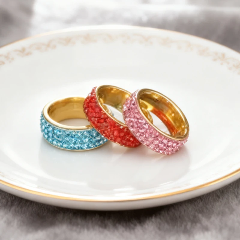 Letdiffery New Three Row Colorful Stones Wedding Rings Green Pink Red Jewelry for Women Stainless Steel Engagement Ring