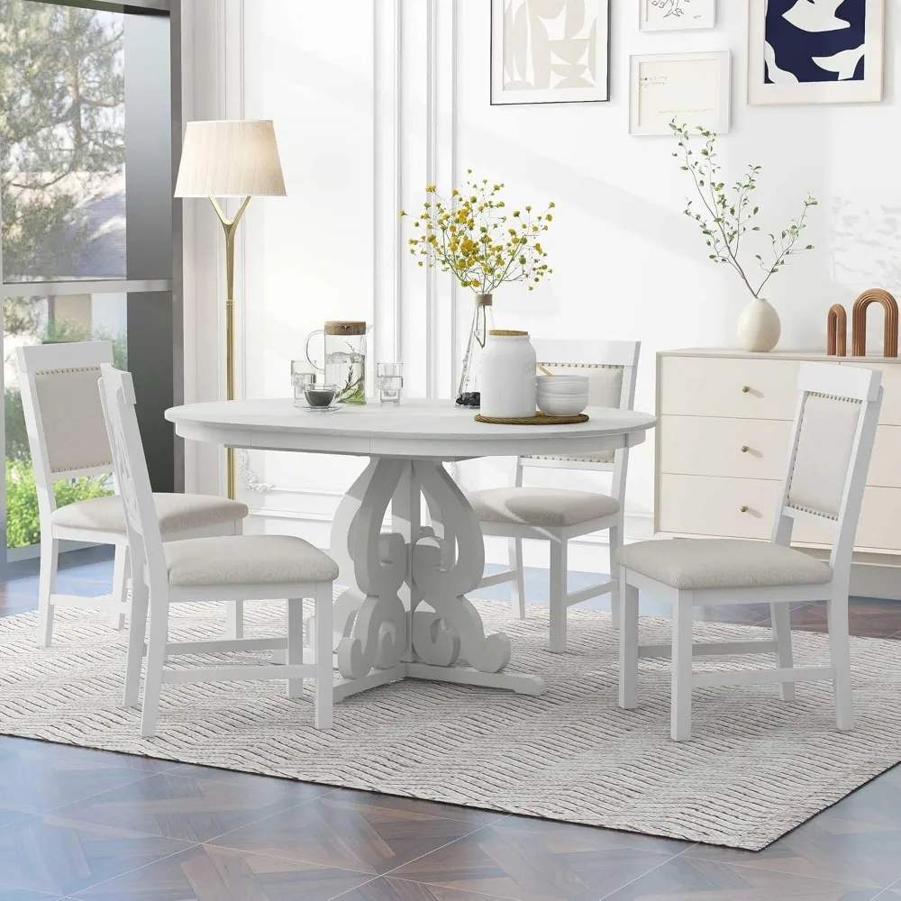 

Extendable Dining Table Set for 4-6, Solid Wood Kitchen Table Set with 4 Upholstered Chairs for Kitchen, Dining Room, Small Spa
