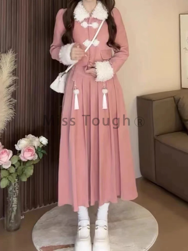 Pink Kawaii 2 Piece Sets Women Outfit Patchwork Sweet Vintage Skirt Suit Female Korean Fashion Design Casual Chic Set 2024 New