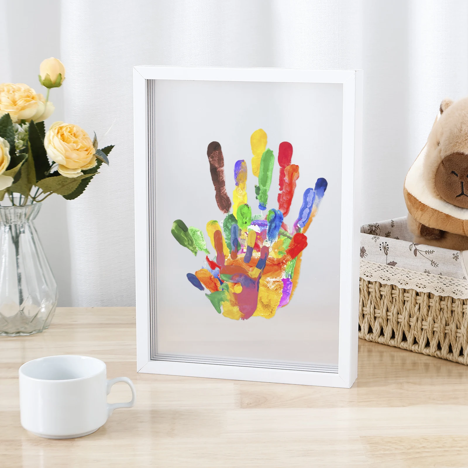 Clear Family Handprint Kit DIY Handmade Keepsake Wooden Frame with 6 Paints Pen Eraser Paintbrush Non-Marking Nails Newborn